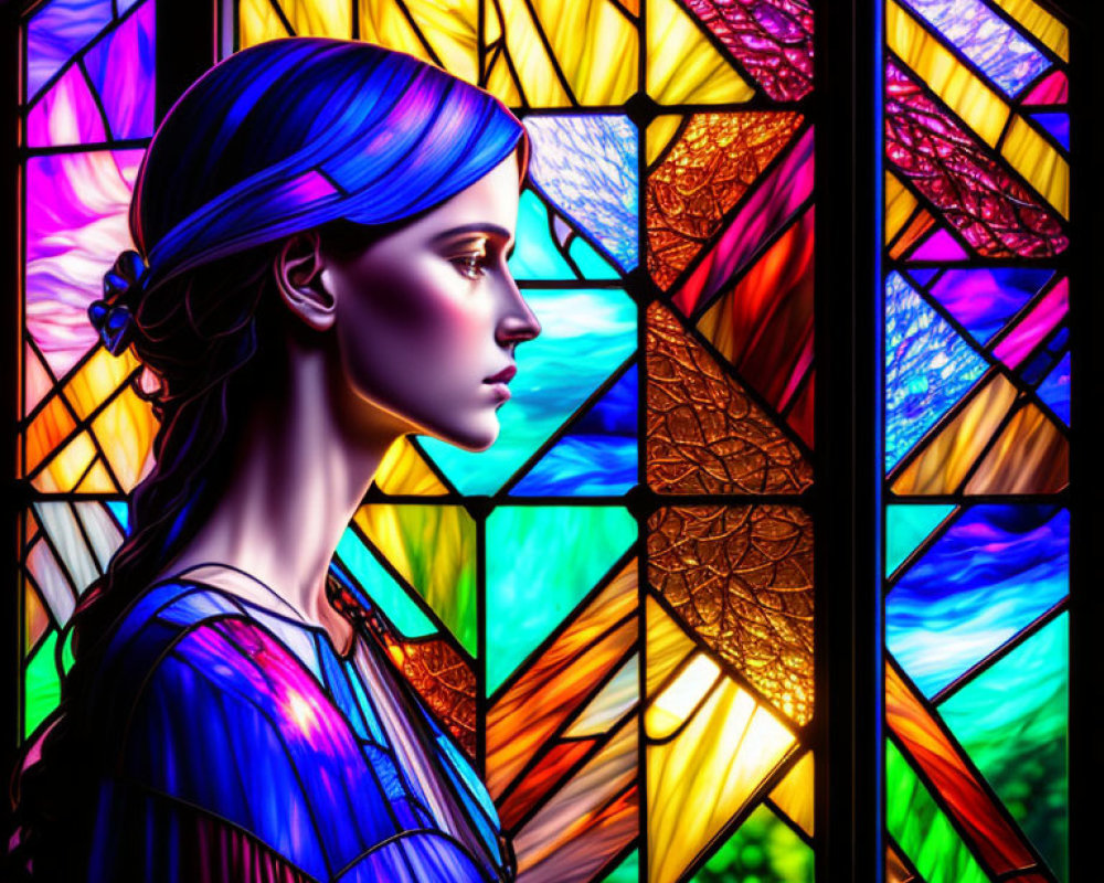 Woman in Blue Headscarf Against Vibrant Stained Glass Background