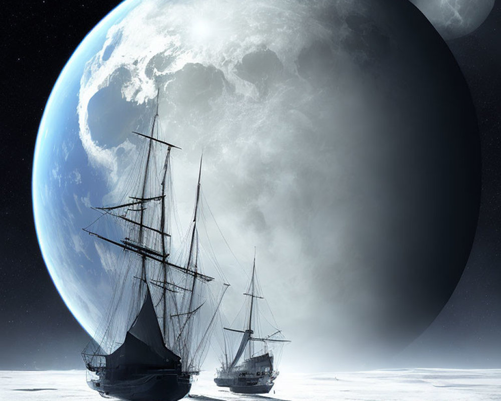 Moonlit surreal landscape with sailing ships, massive planet, and smaller moon.