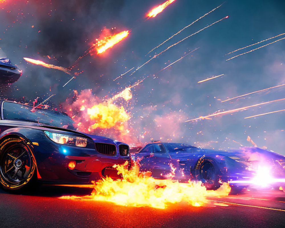 Fiery drifting cars on road with sparks and flames under falling fiery streaks