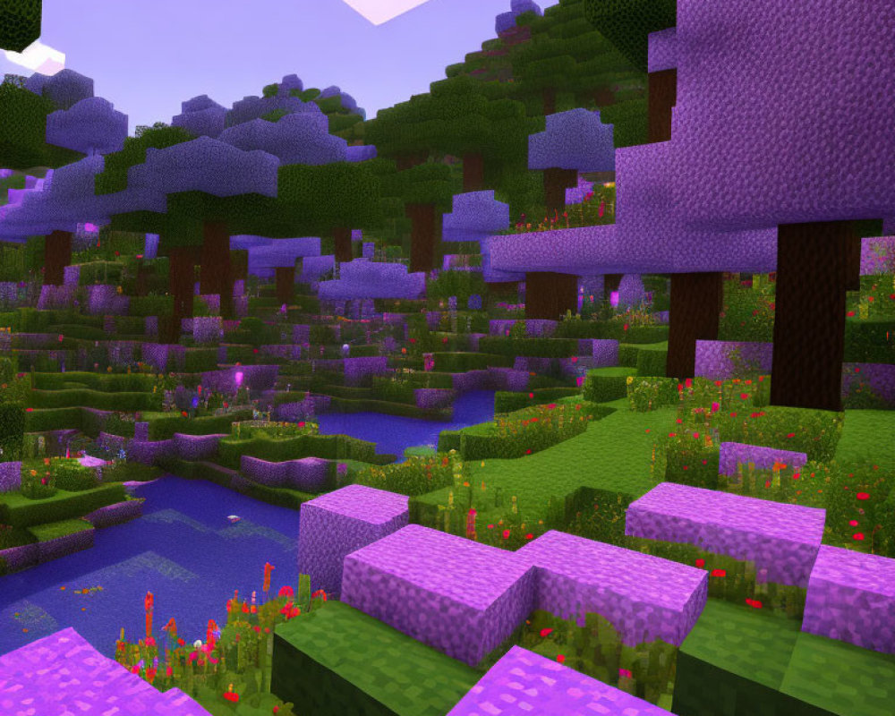 Colorful Minecraft landscape with purple trees, greenery, flowers, and a pink sky