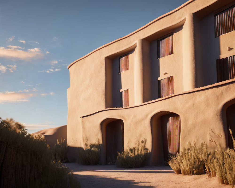 Desert Adobe Building with Tall Windows and Warm Tones