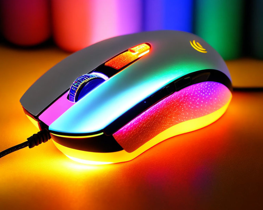Vibrant LED Backlit Gaming Mouse on Reflective Surface