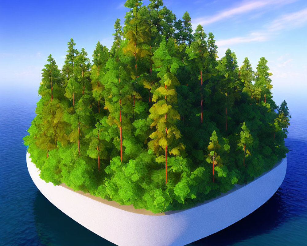 Lush Forest on Floating Island Surrounded by Blue Ocean