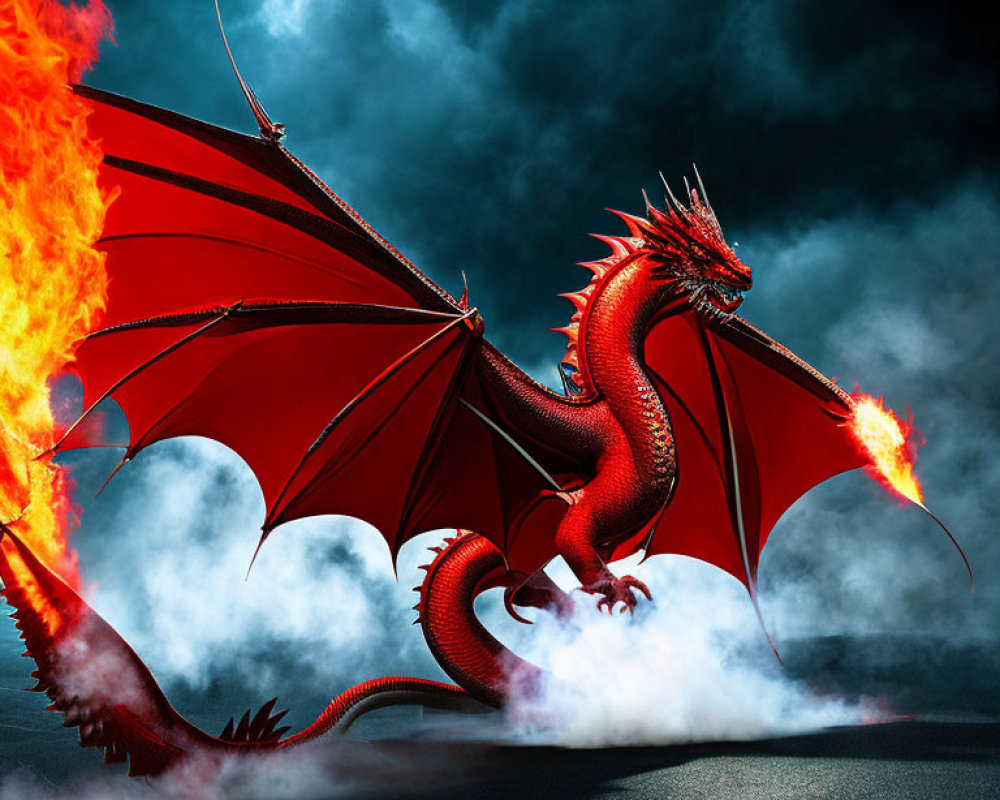 Red Dragon Breathing Fire in Defensive Stance on Road