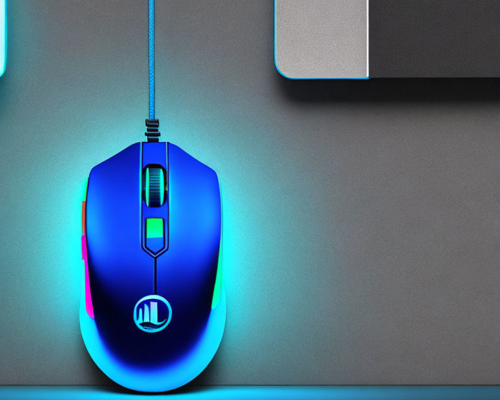 Multicolored LED Gaming Mouse on Dark Desk with Keyboard and Mousepad