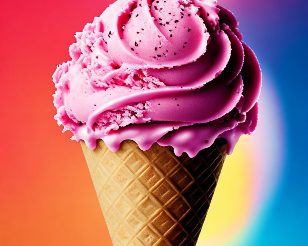 Colorful Pink Swirl Ice Cream Cone on Rainbow Background