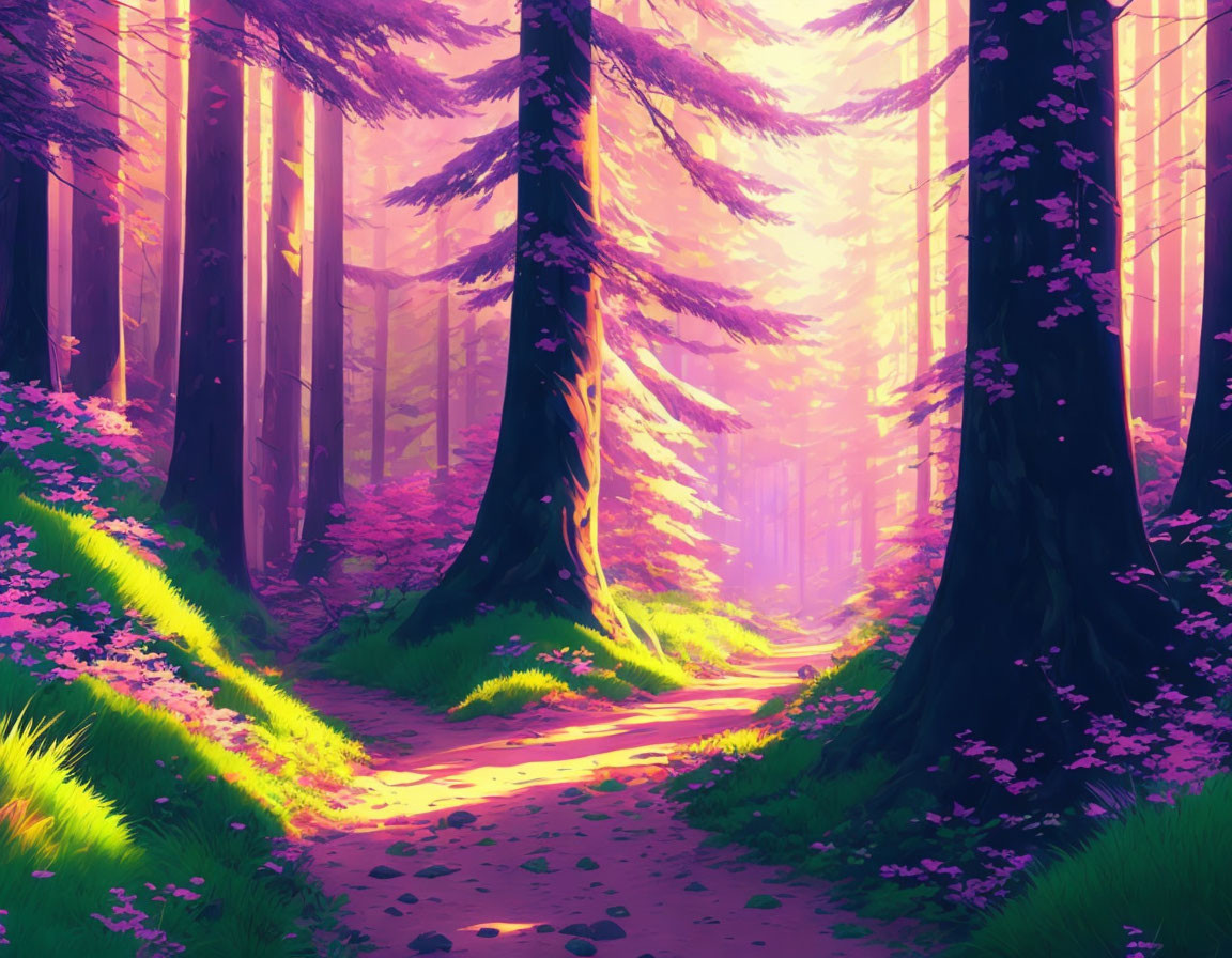 Enchanting forest scene with purple-pink hues and sunlight filtering through tall trees