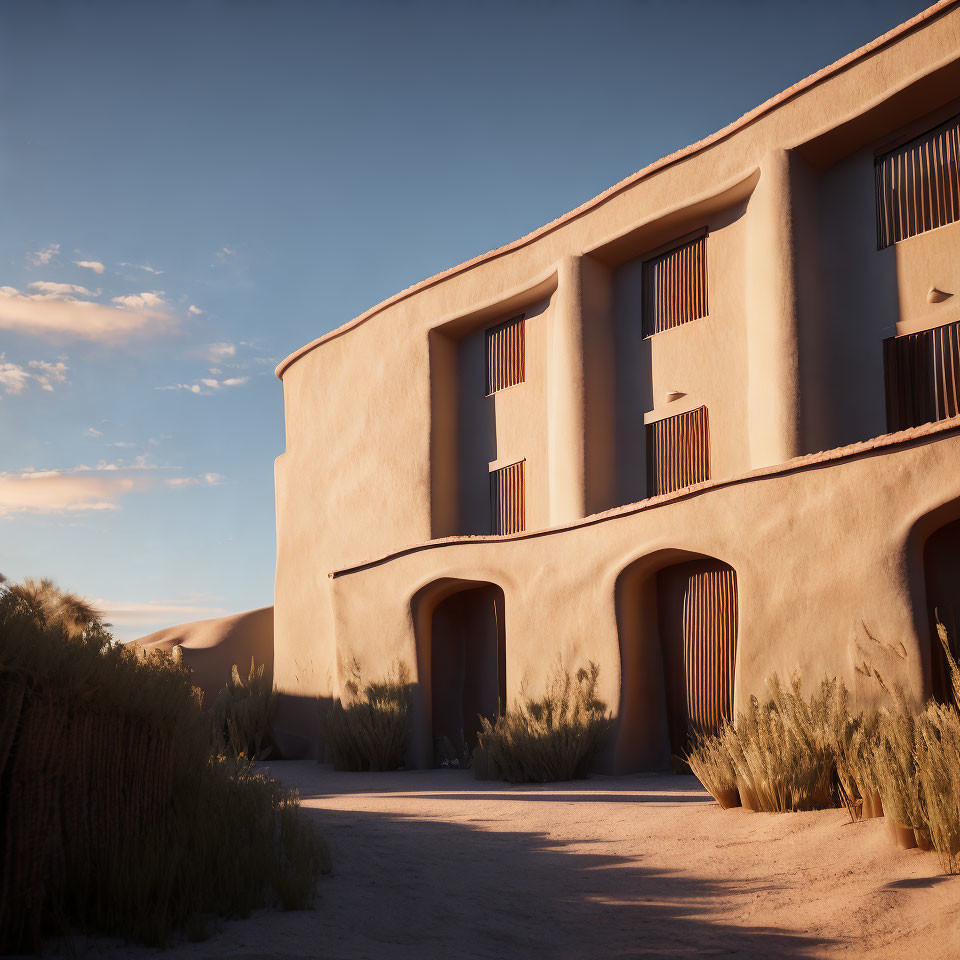 Desert Adobe Building with Tall Windows and Warm Tones