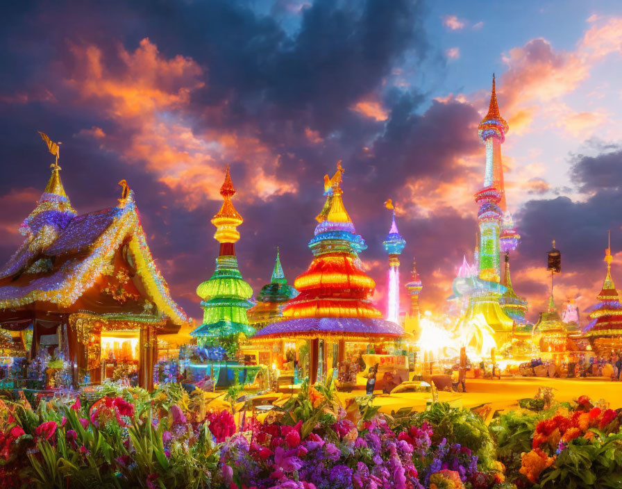 Vibrant Temple Structures with Flowers at Sunset
