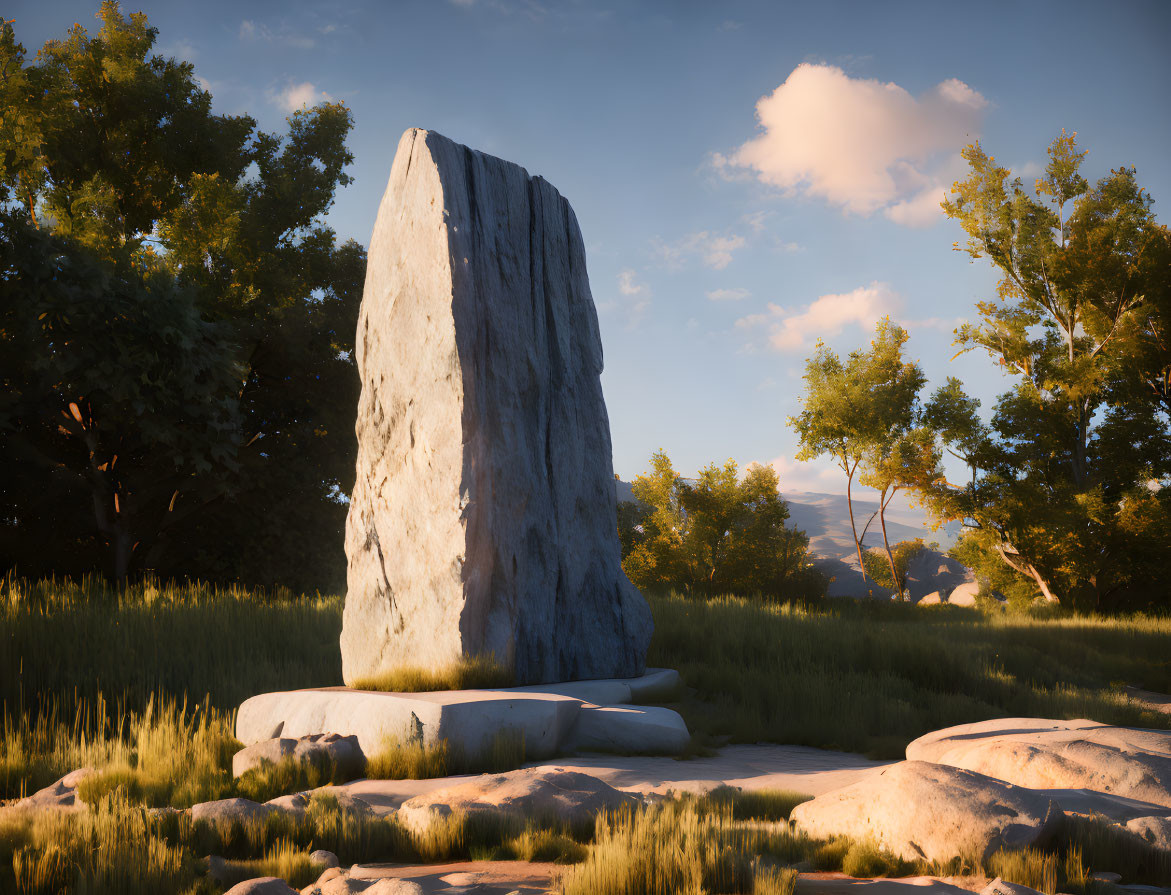Serene meadow with tall monolith and sunset light