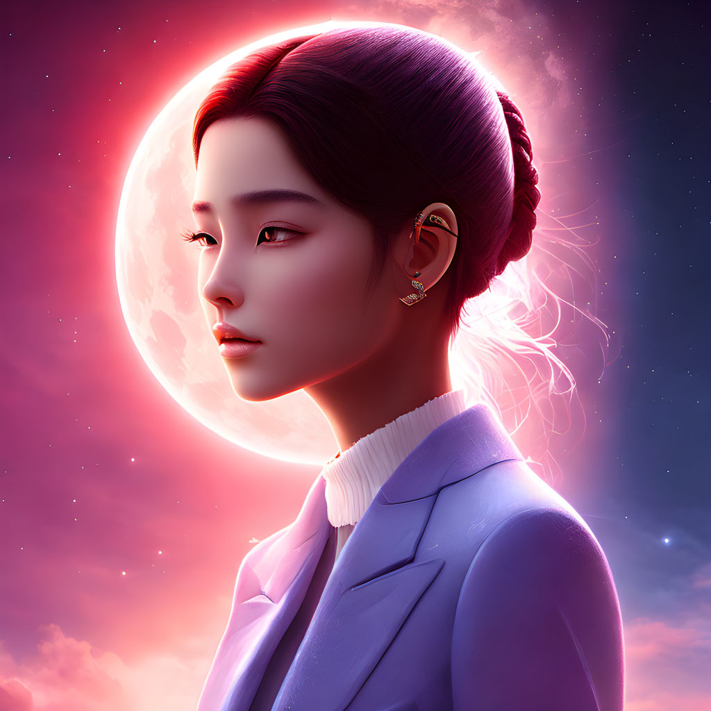Digital artwork featuring woman with bun and ear cuff against pink moon backdrop