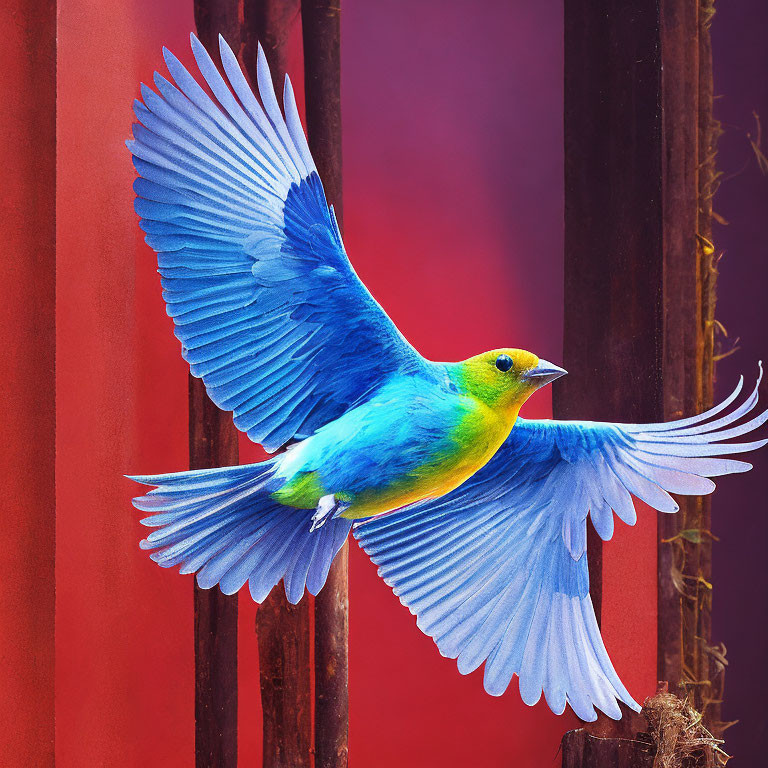 Colorful Bird Flying Amid Red Vertical Lines on Dark Background