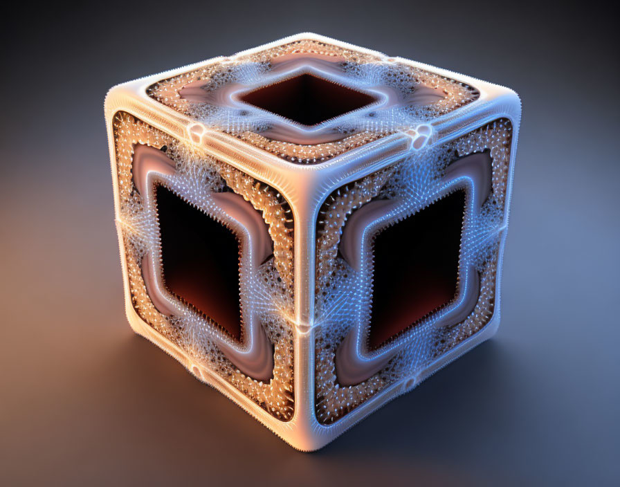 Intricate glowing fractal cube with warm central light on dark backdrop
