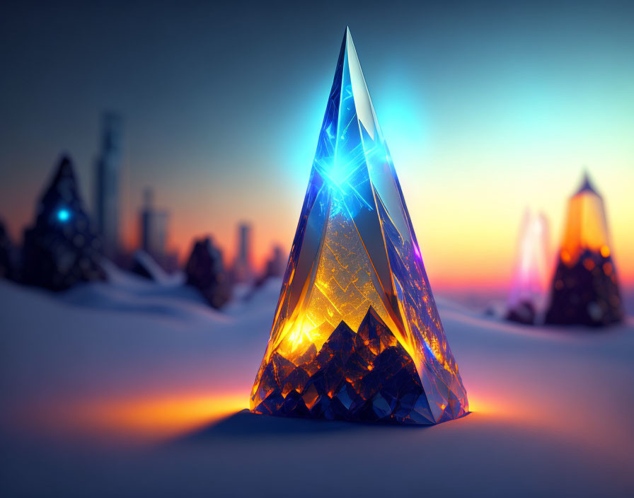 Large Multicolored Crystal in Snowy Landscape at Dusk