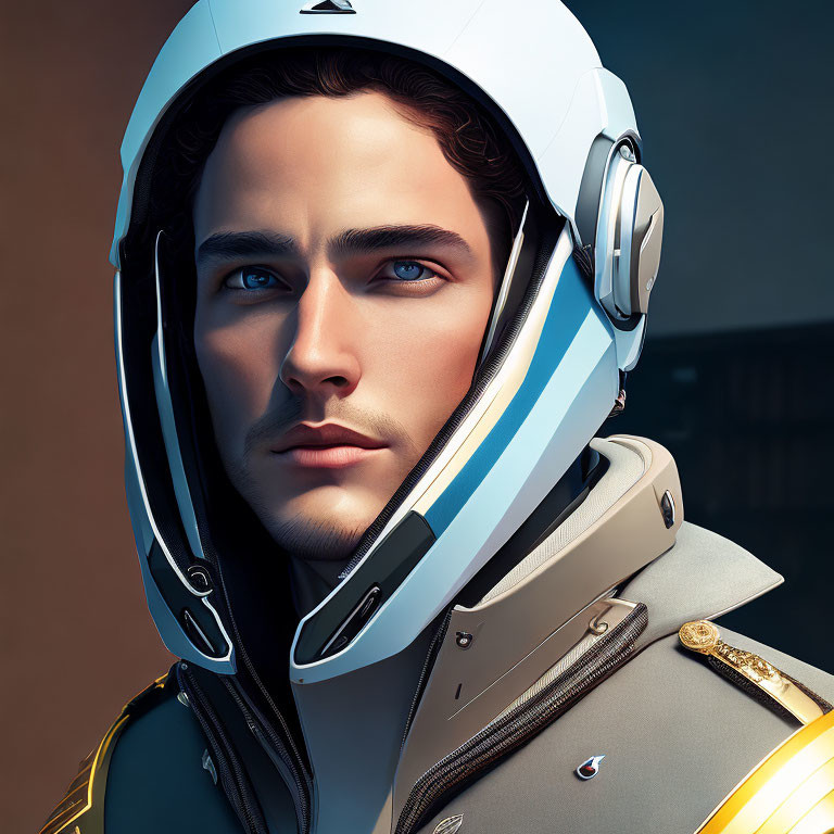 Male figure in futuristic attire with blue eyes and ornate details