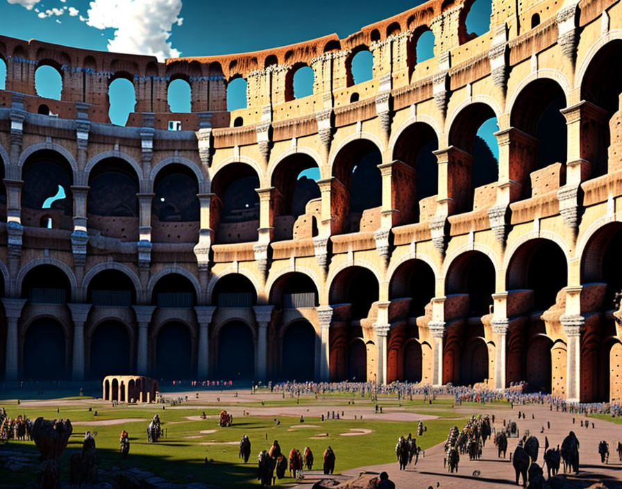 Ancient Colosseum in Rome with tourists exploring interior arches and arena floor