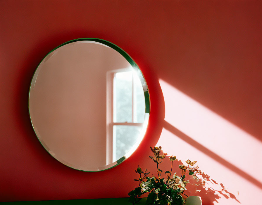 Circular mirror reflects red wall, window, sunlight shadow, and vase with flowers.