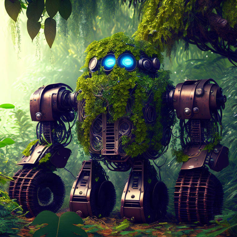 Robot with Moss-Covered Head in Misty Forest