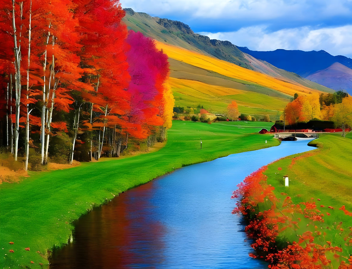 Scenic autumn landscape with river, bridge, and colorful trees