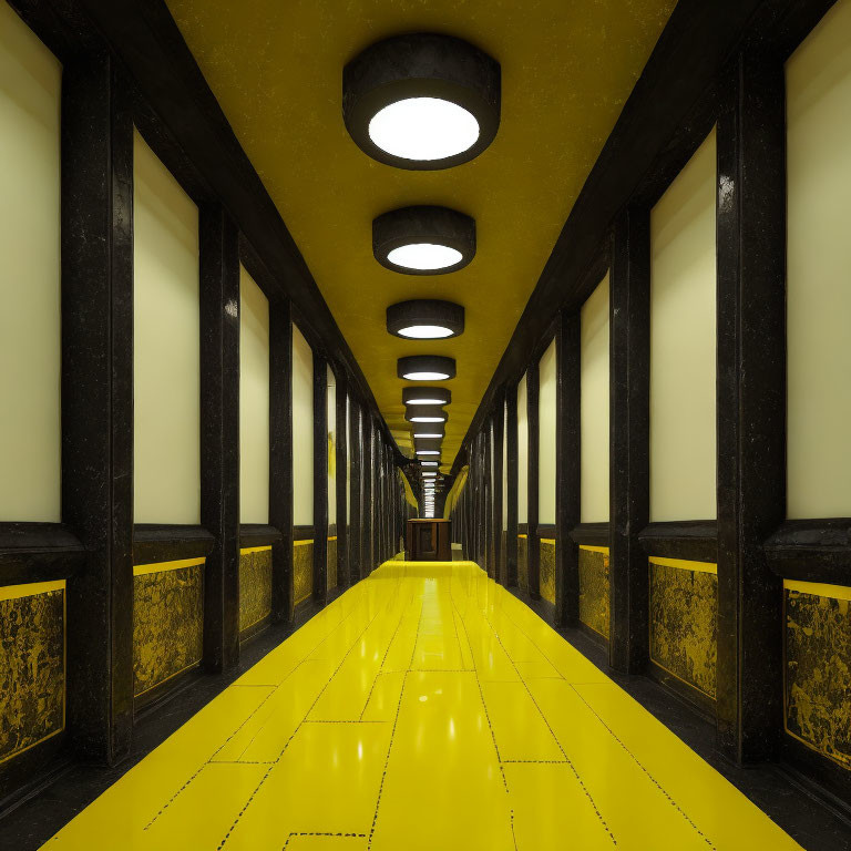 Symmetrical corridor with yellow flooring and black walls.