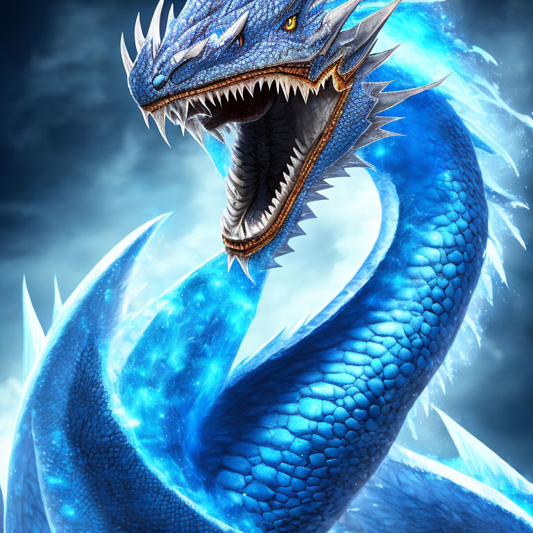 Blue Dragon with Glowing Scales and Piercing Eyes in Cloudy Sky