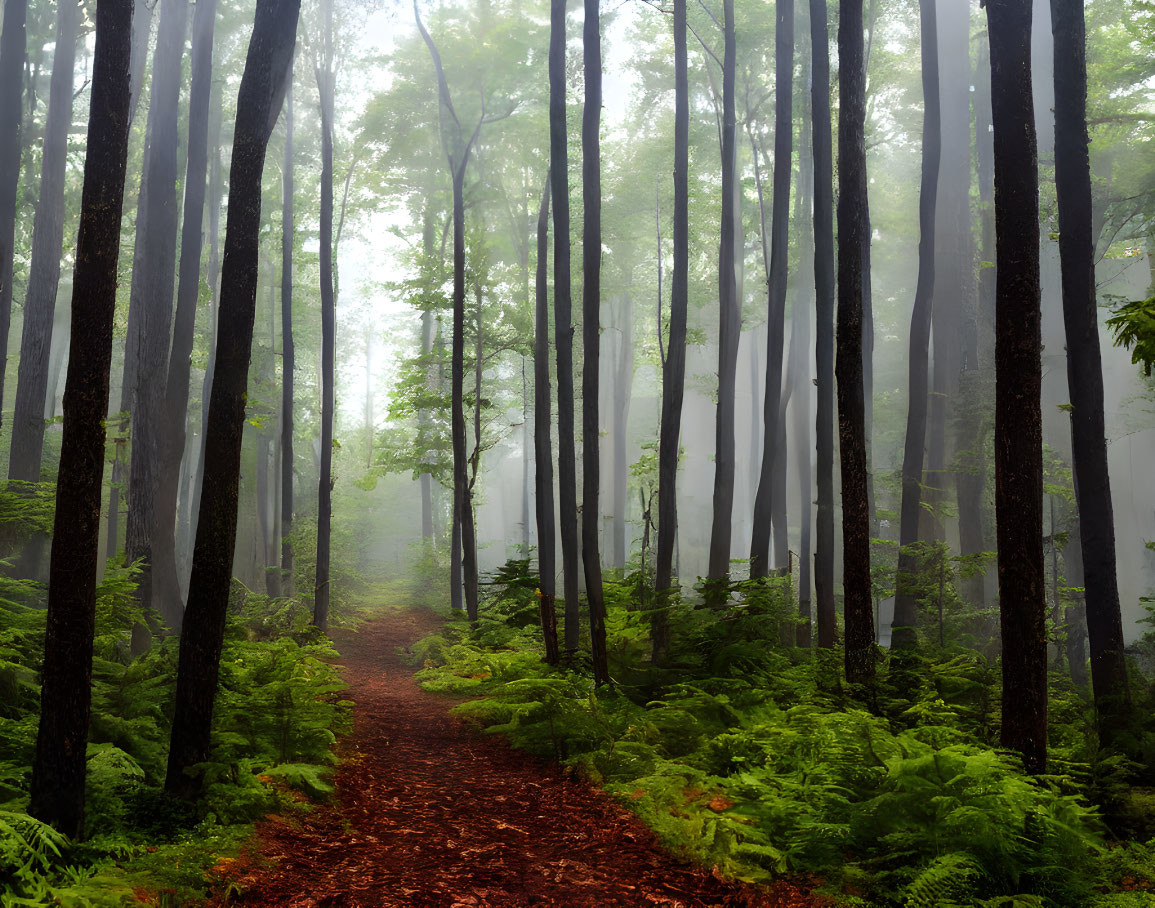 Tranquil forest path with misty trees and green ferns
