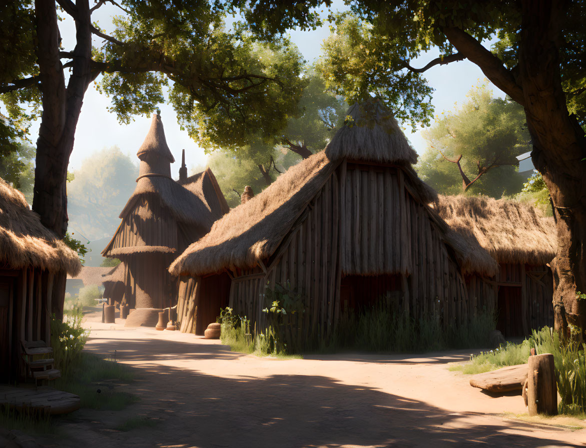 Thatched-Roof Cottages in Rustic Village with Sunlight and Dirt Path