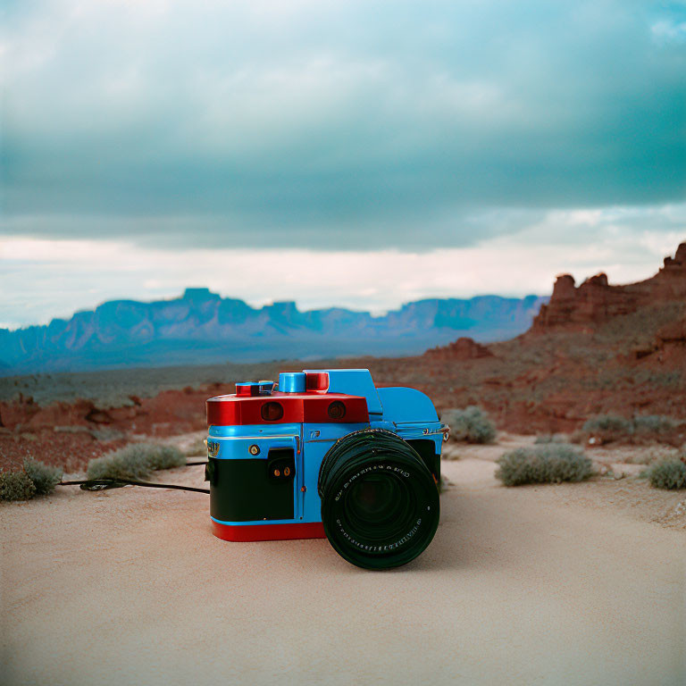 Vintage Camera Center Frame in Colorful Desert Setting
