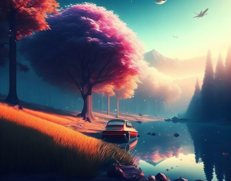 Colorful tree, boat on tranquil water, mountains, birds in sky - serene landscape with vibrant tones