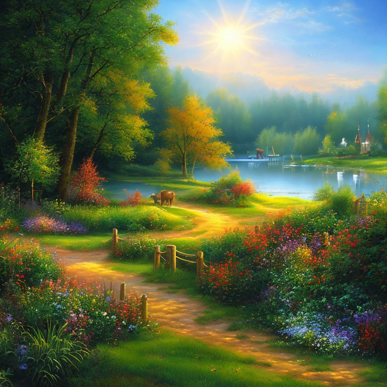 Sunlit Forest Clearing with Lake, Flowers, Path, and Horse