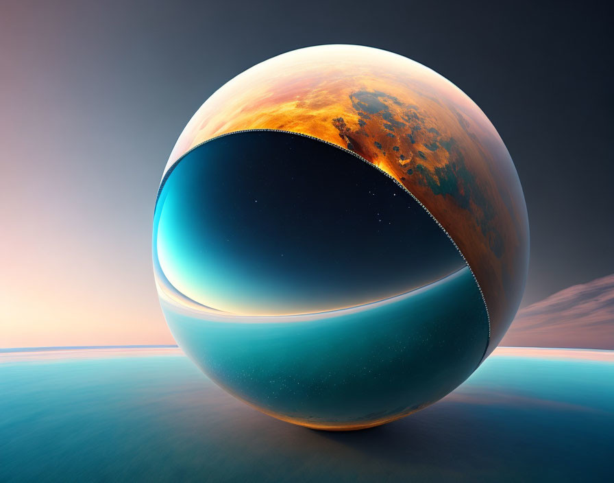 Surreal image of sphere with contrasting halves over ocean at dusk