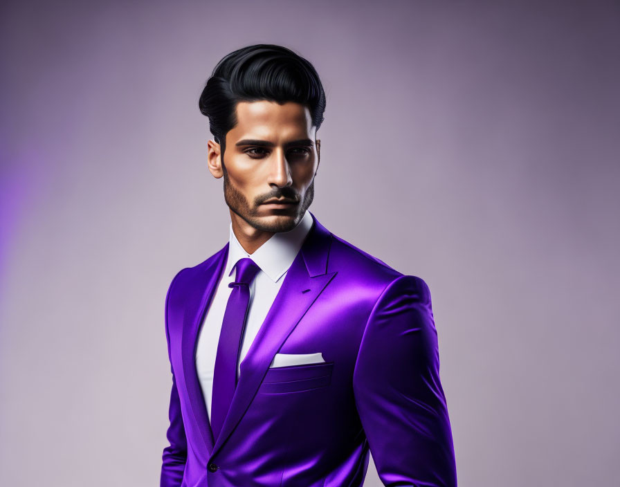 Confident man in purple suit with neat hairstyle and beard against purple background
