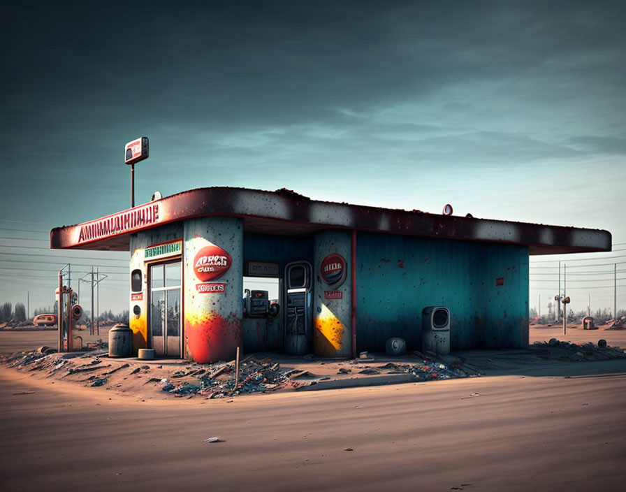 Deserted Gas Station with Worn-out Paint and Debris