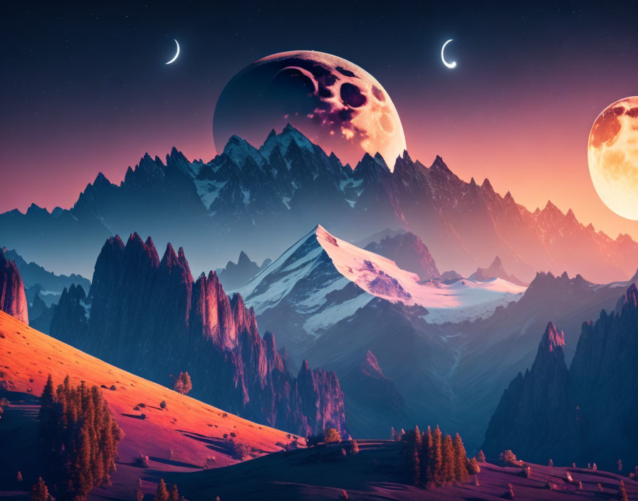 Surreal landscape with towering mountains, two moons, starry sky, and dreamlike atmosphere