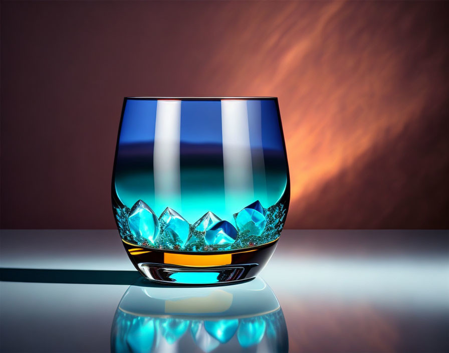 Blue Crystal Glass with Intricate Cuts on Reflective Surface