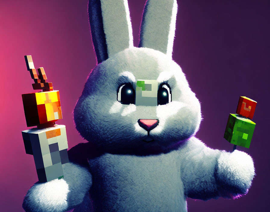 Plush Toy Bunny with Pixelated Cake and Green Block in Colorful Setting