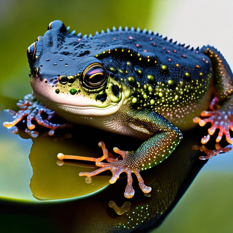 Colorful Frog Resting on Leaf with Orange Feet and Reflective Eyes