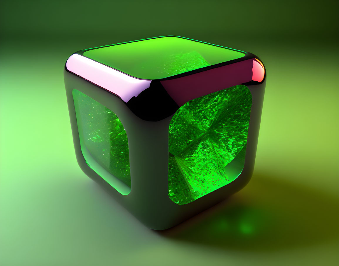 Futuristic 3D Rendered Cube with Green Illuminated Panels