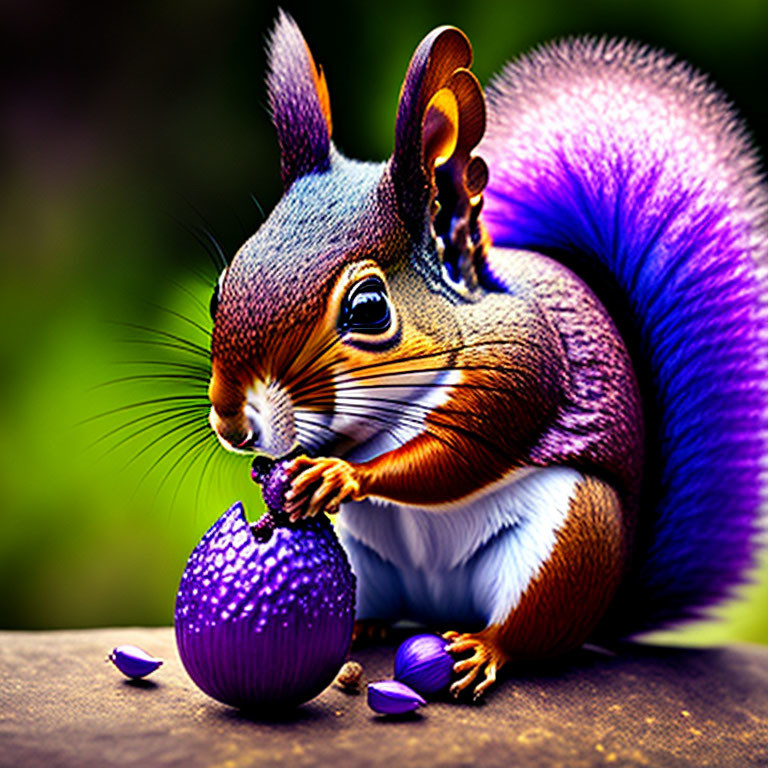 Colorful squirrel with purple tail examining textured object on green background