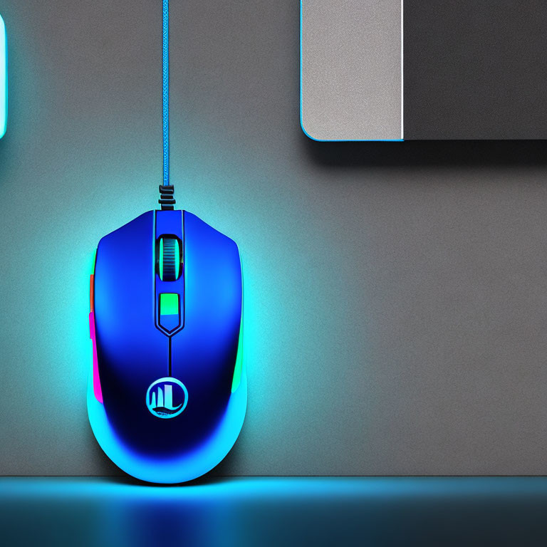 Multicolored LED Gaming Mouse on Dark Desk with Keyboard and Mousepad