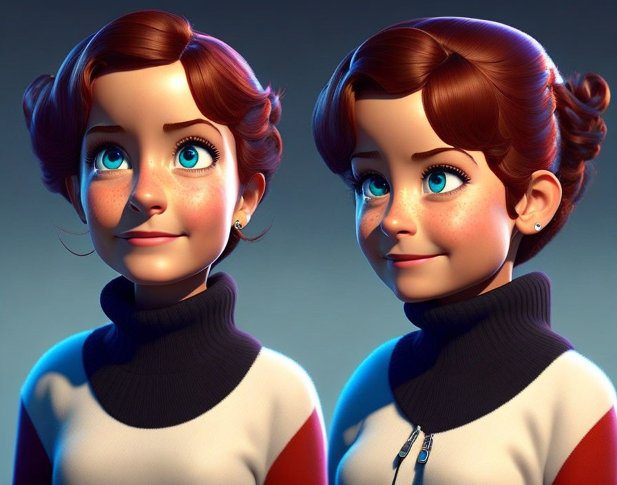 Animated characters with large blue eyes in turtleneck sweaters face each other
