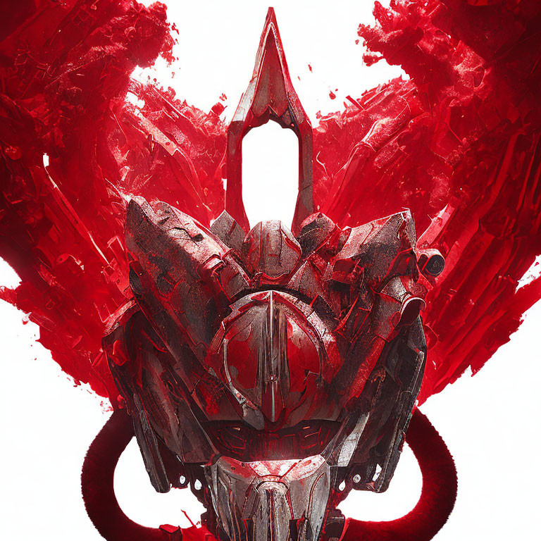 Digital artwork of red and silver mechanical warrior in intricate armor with swirling red energy.