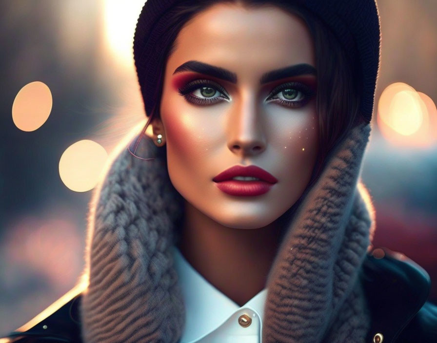 Woman with dramatic makeup and freckles in beret and scarf under soft bokeh lights