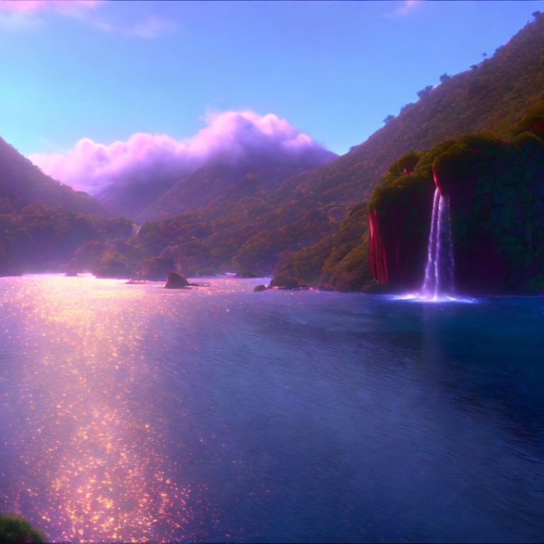 Tranquil digital art: Mystical waterfall, serene lake, lush hills, purple sky