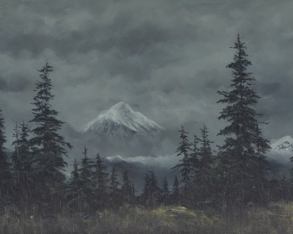 Stormy Sky Over Snow-Capped Mountain and Evergreen Trees