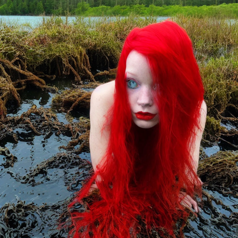 Striking red hair and bold makeup in dark, twisted roots near water