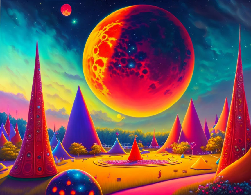 Colorful alien landscape with conical structures under a detailed moon