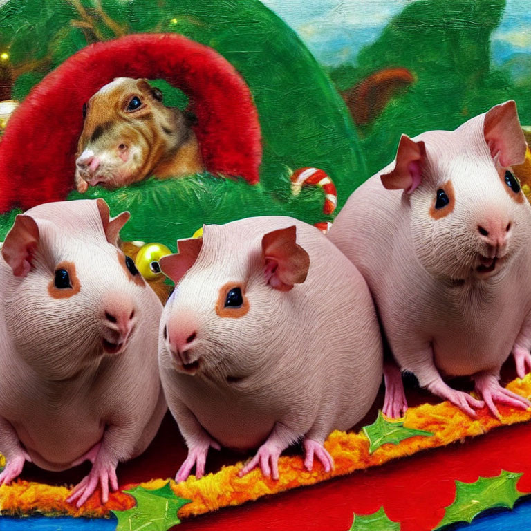 Three guinea pigs in front of festive background with one peeking from red pouch