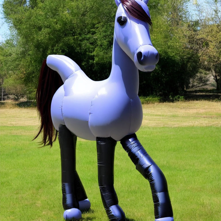 Purple Inflatable Horse with Black Hooves and Dark Mane in Grassy Area