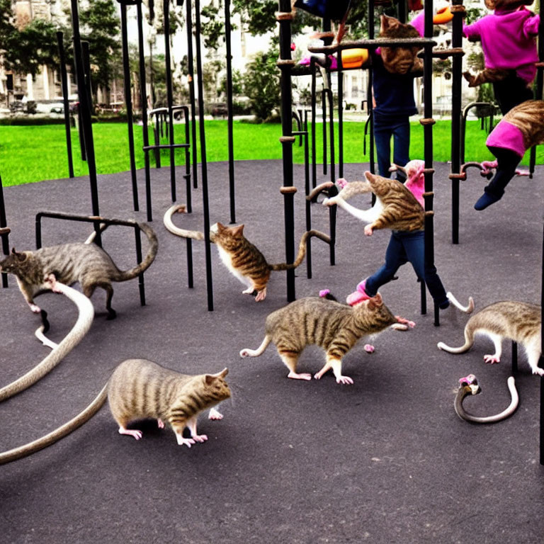 Surreal playground scene with children wearing cat heads
